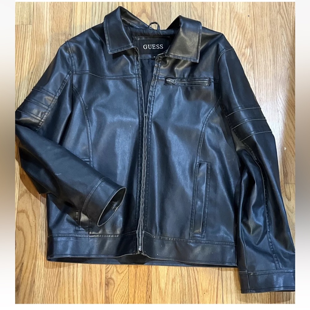 Men’s Vintage Guess Black Faux Leather Jacket Coat Size S